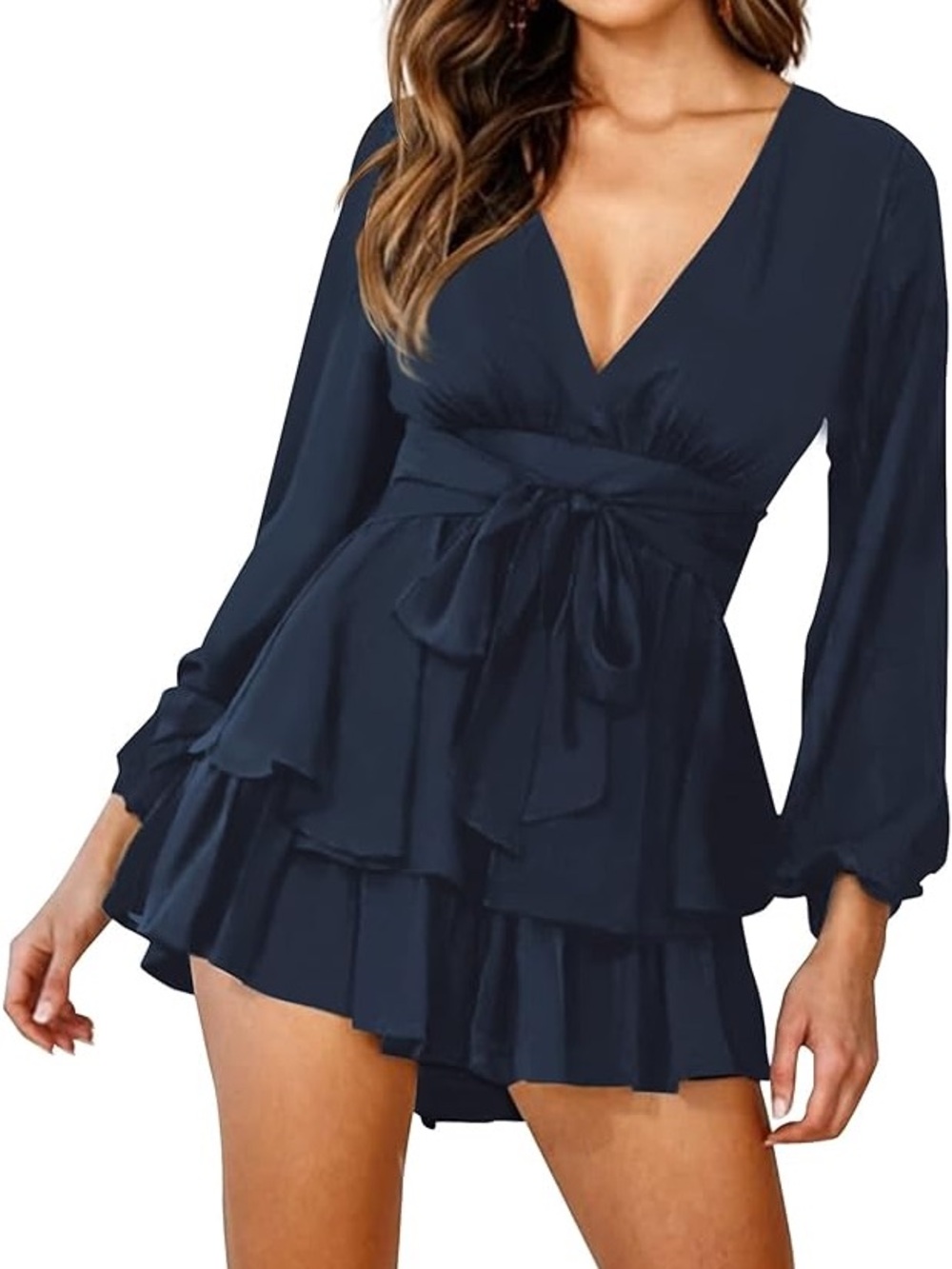 Women’s Navy Long Sleeve Romper with V-Neck